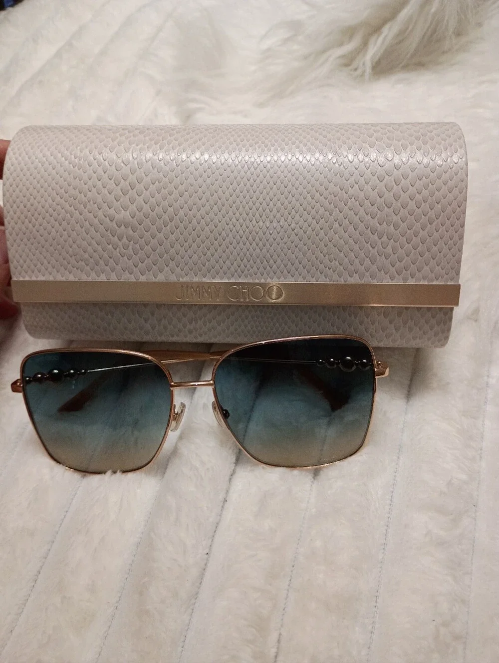 Jimmy Choo Hester Gold Frame Sunglasses with Blue Gradient Lenses & JC Hard Case